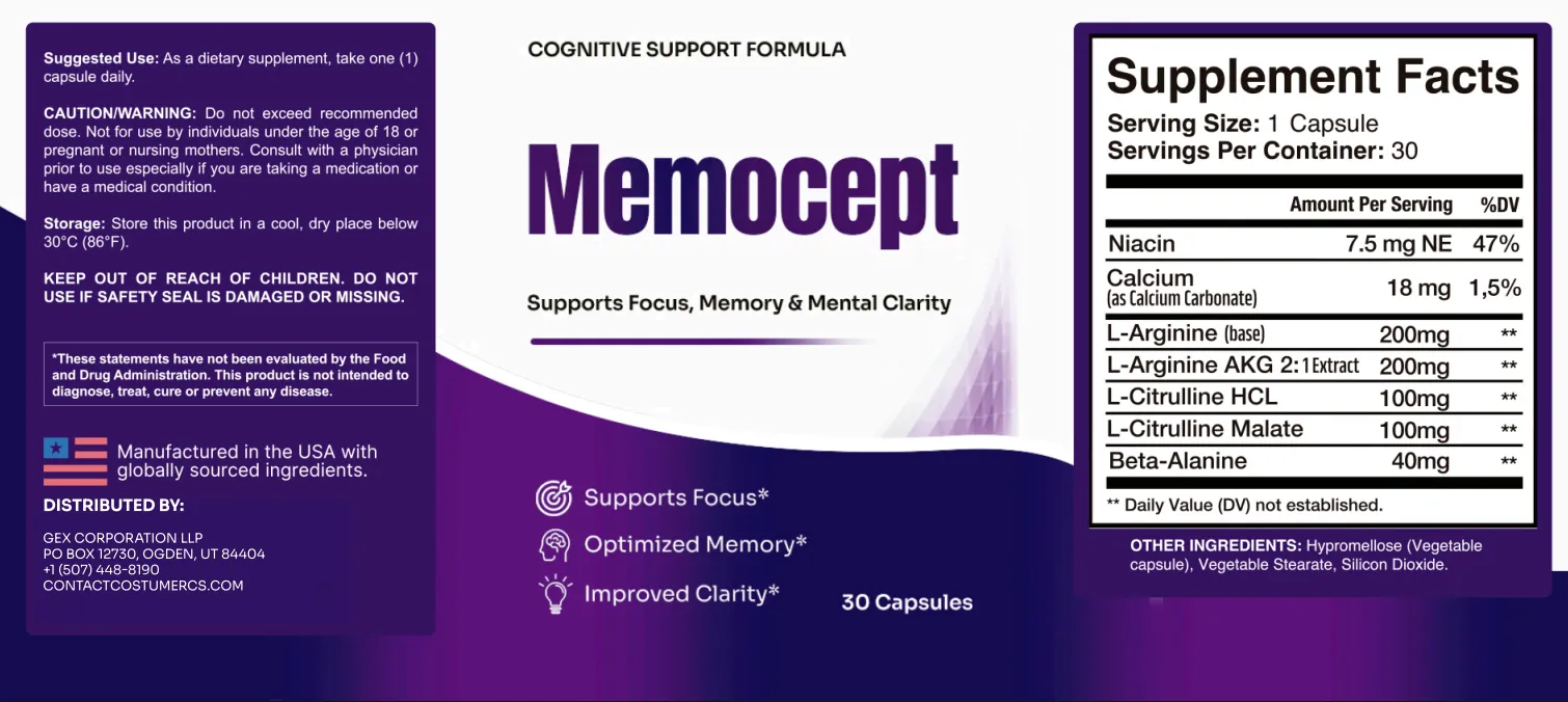 Memocept supplement facts panel